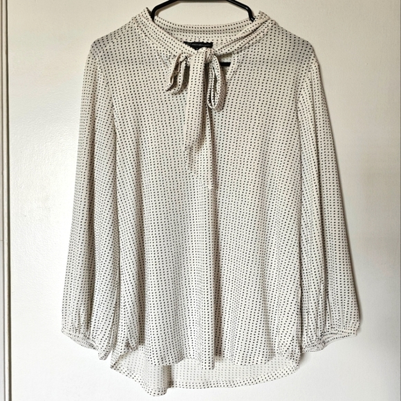 Adrianna Papell Tops - NWOT Adrianna Papell white polka dot long-sleeve self-tie stretchy blouse Size M
